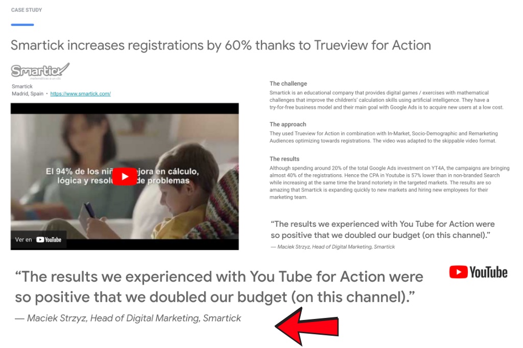 Captura del caso de éxito oficial de Google sobre Smartick, firmado por Maciek Strzyz como Head of Digital Marketing